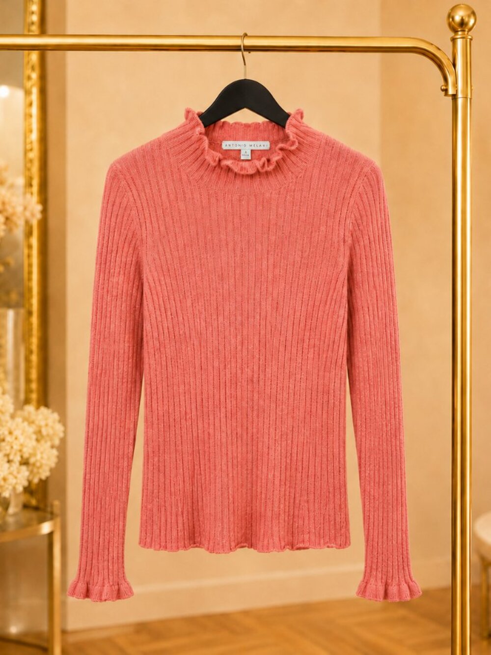 Soft Luxury 100% Cashmere Ribbed Ruffle Mock Neck Sweater Rust S